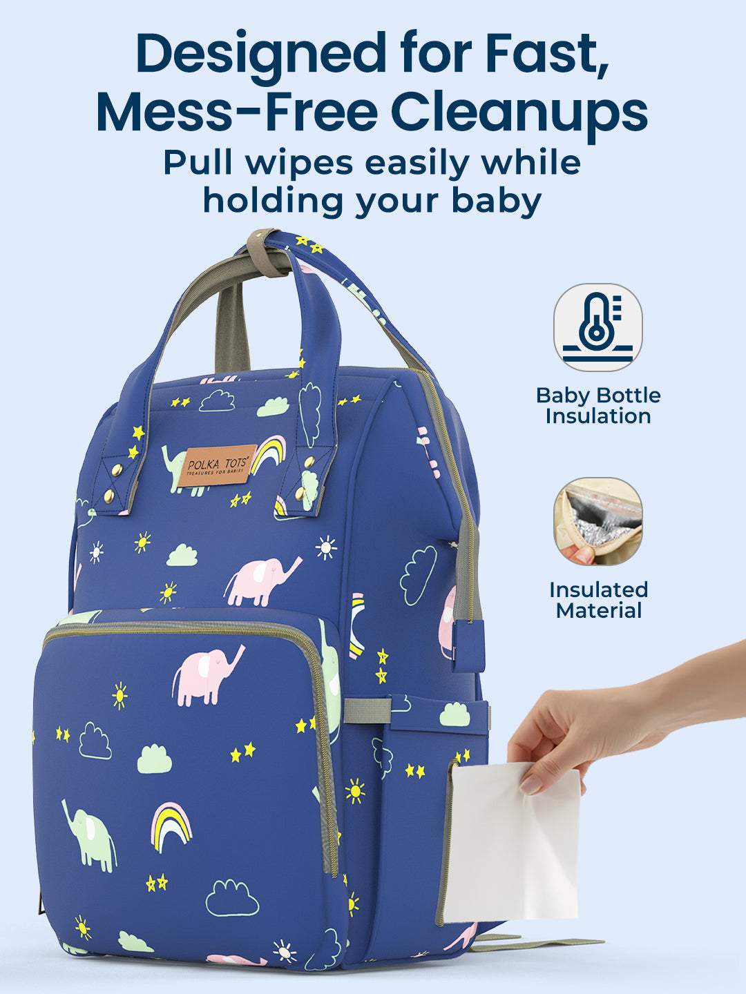 Blue patterned diaper bag with a hand holding wipes, text about fast, mess-free cleanups, baby bottle insulation, and insulated material.