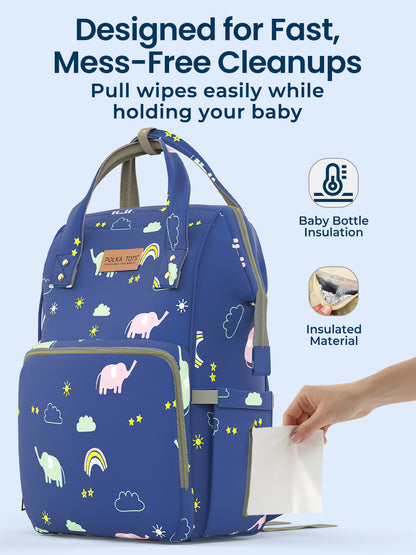 Blue patterned diaper bag with a hand holding wipes, text about fast, mess-free cleanups, baby bottle insulation, and insulated material.