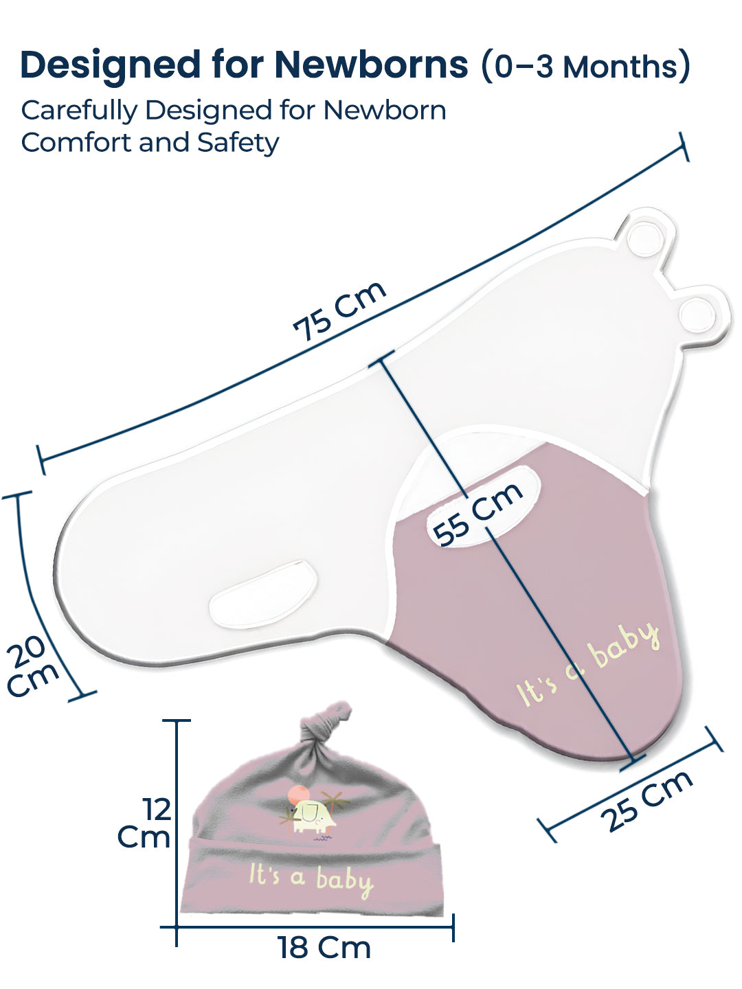 Polka Tots Cute Elephant print swaddle wrap with Cap - Lavender