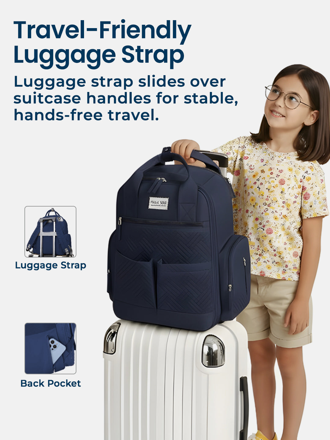 Girl holding a navy blue suitcase with a luggage strap, featuring text about travel-friendly luggage strap.
