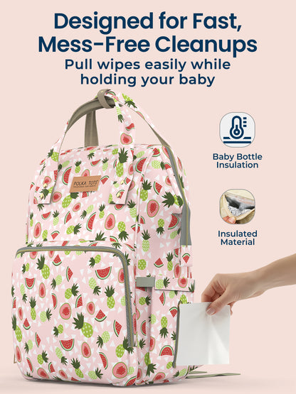 Backpack with watermelon pattern holding a baby bottle and insulated material, with text about fast, mess-free cleanups.