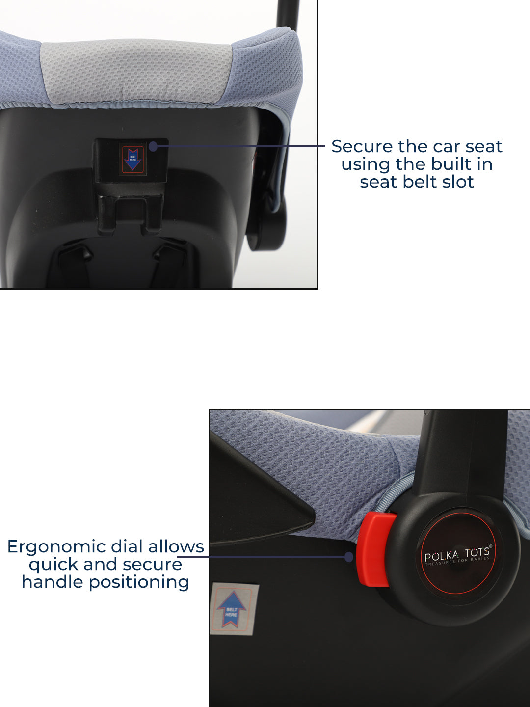 Car seat with built-in seat belt slot and ergonomic dial for quick handling