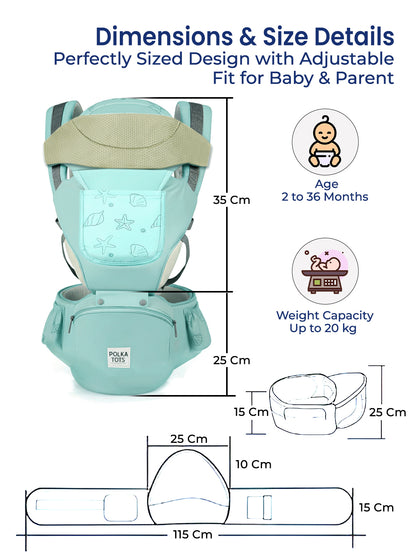 Baby carrier with dimensions and size details on a white background