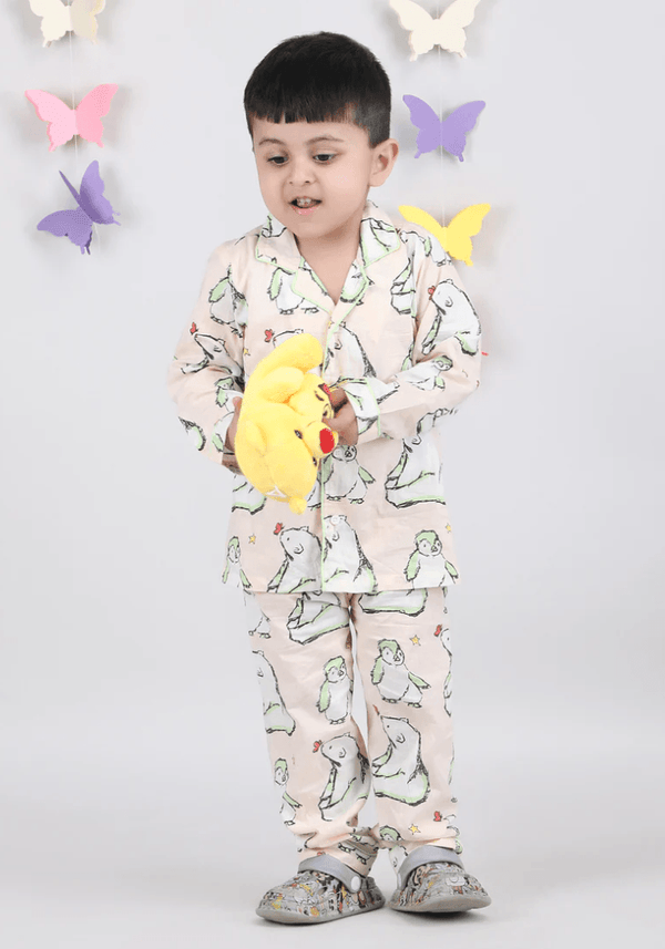 Polka Tots Full sleeves Bear and Penguin Print Night Suit - Peach