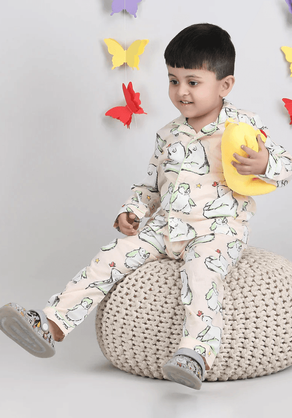 Polka Tots Full sleeves Bear and Penguin Print Night Suit - Peach