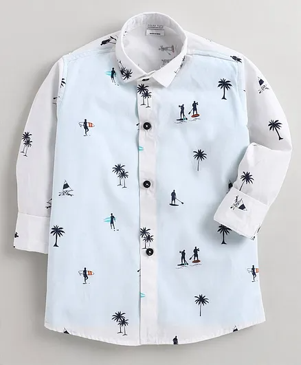 Polka Tots Full Sleeve Beach Print Shirt Attached With Tshirt - White and Blue