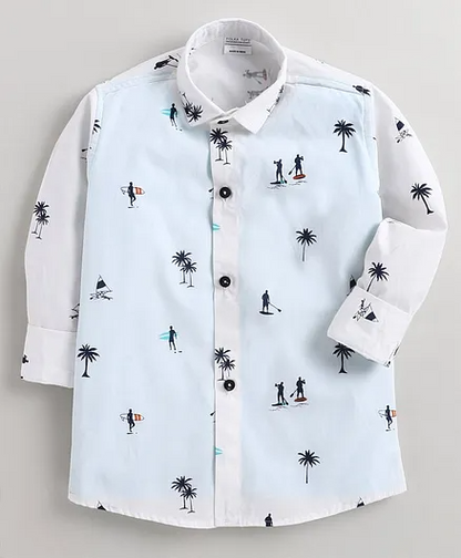 Polka Tots Full Sleeve Beach Print Shirt Attached With Tshirt - White and Blue