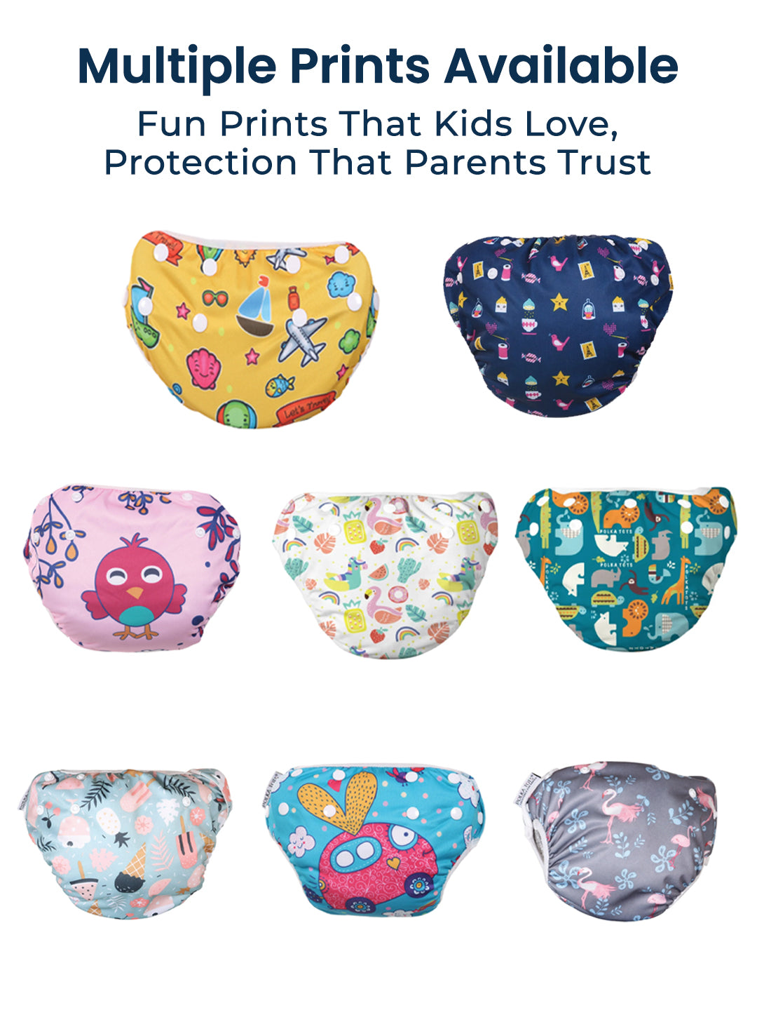 Colorful patterned baby diapers with text about available prints and parental trust.
