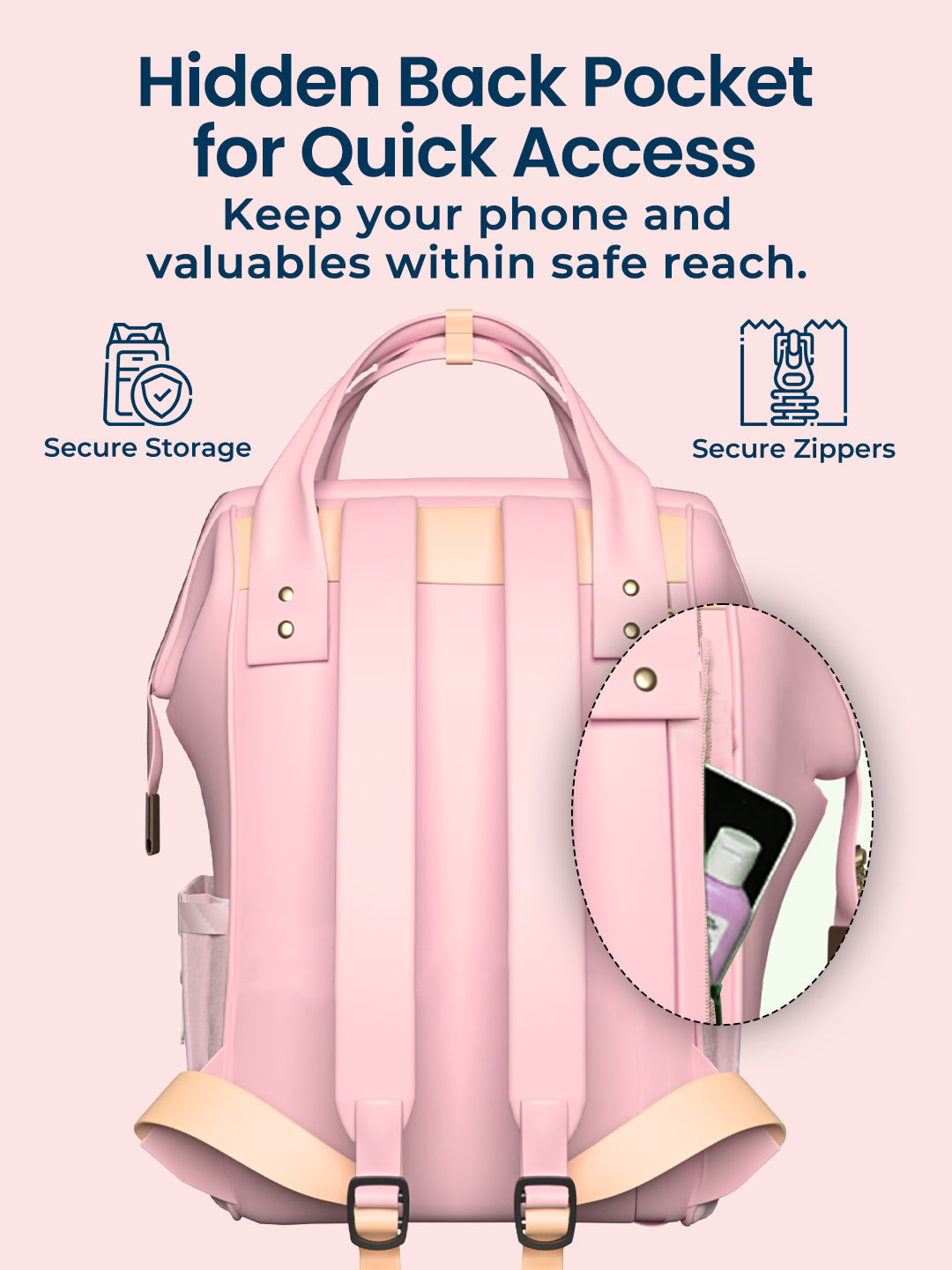 Pink backpack with a hidden back pocket feature on a light pink background