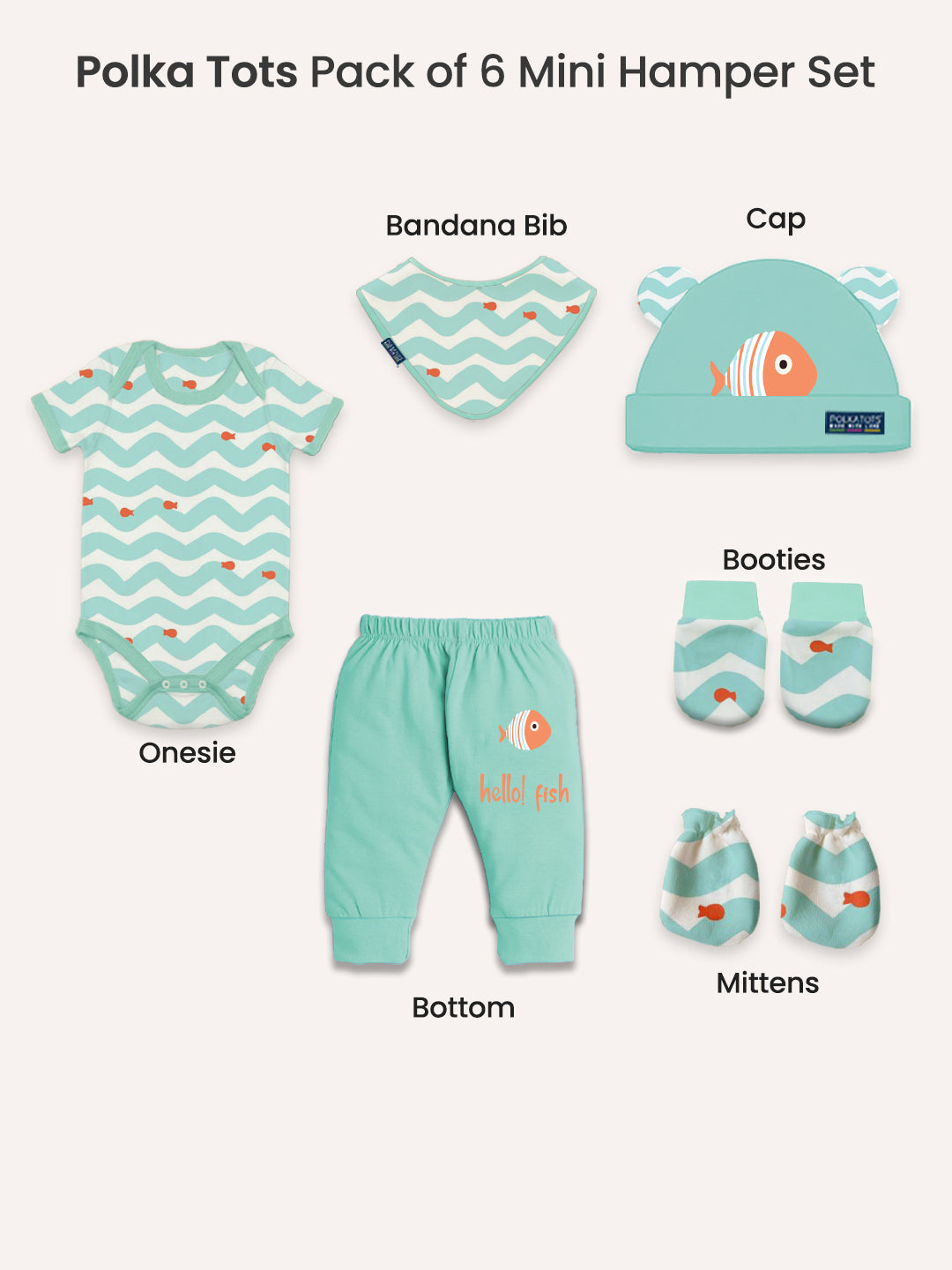 Polka Tots Pack of 6 Wave Print Mini Newborn Gift Hamper Set - Blue