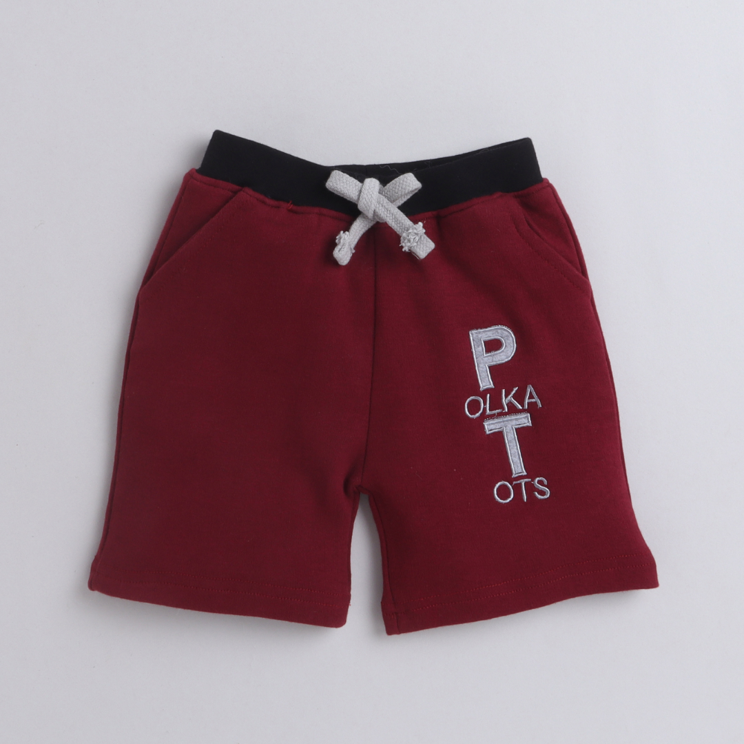 Polka Tots Knee Length Letter Patch Shorts - Maroon