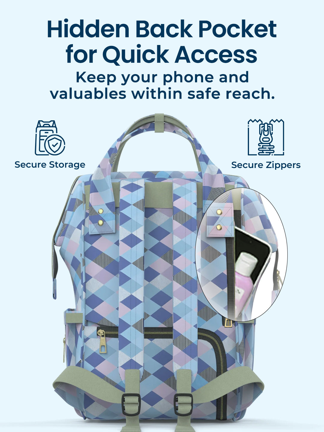 Backpack with a hidden back pocket for quick access, featuring secure storage and zippers.