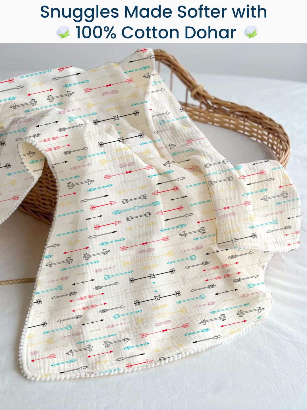 Polka Tots 100% Soft Muslin Cotton 3-Layer Reversible Baby Blanket/Dohar with Pom-Pom Lace - Tiny Town and Cupid Print