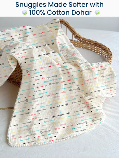 Polka Tots 100% Soft Muslin Cotton 3-Layer Reversible Baby Blanket/Dohar with Pom-Pom Lace - Tiny Town and Cupid Print