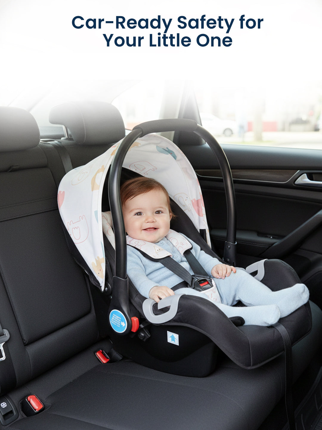 Baby in a car seat with text 'Car-Ready Safety for Your Little One' in a car interior.