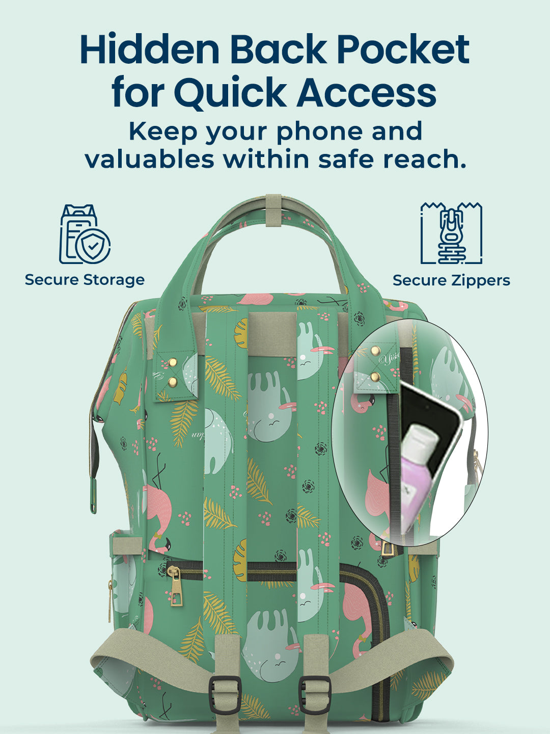 Green backpack with animal pattern and hidden back pocket feature on a light blue background