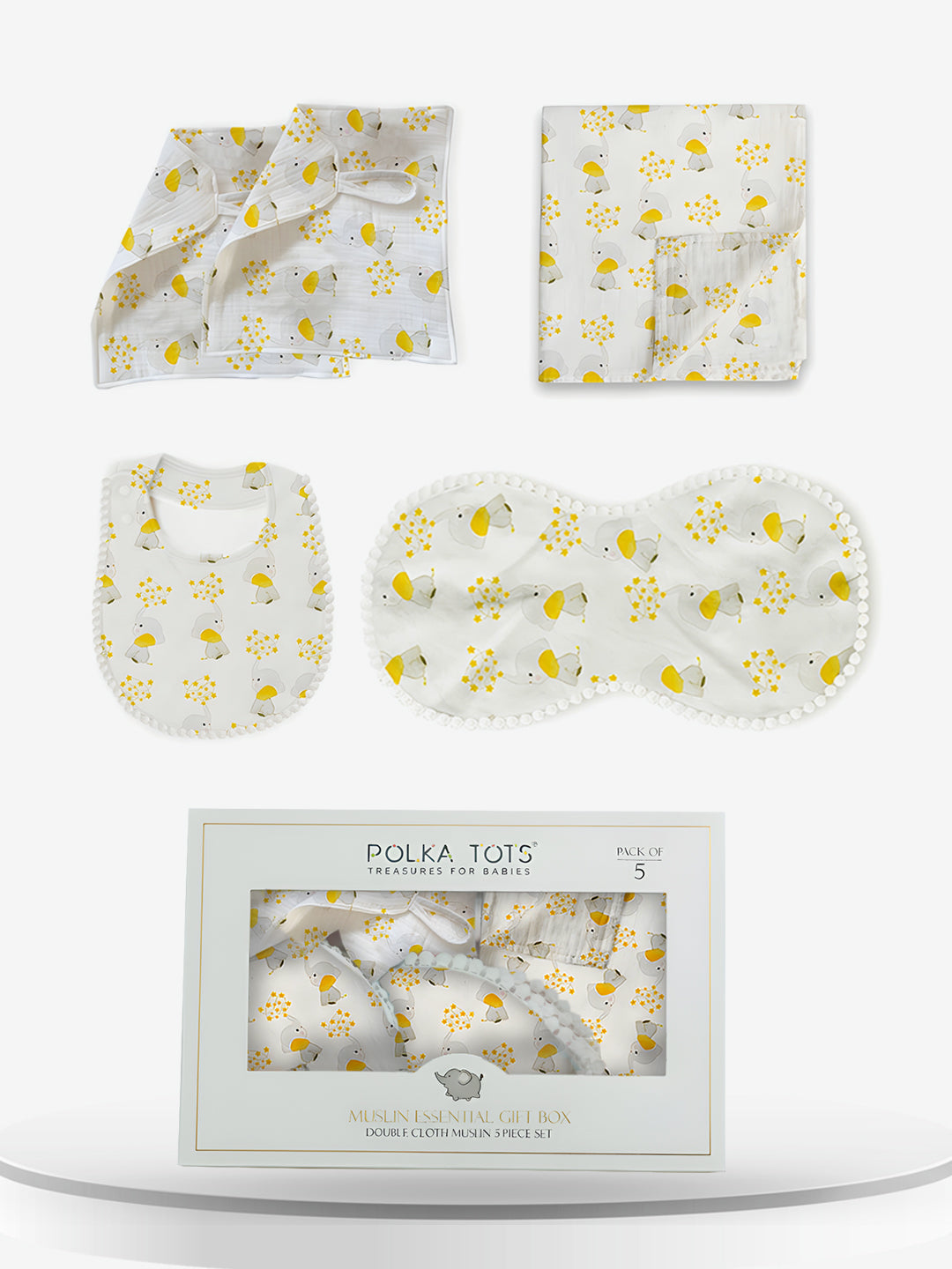 Polka Tots Newborn Pack of 5 100% Soft Double-Layer Muslin Cotton Essentials Gift Box – Jumbo Jr. Print