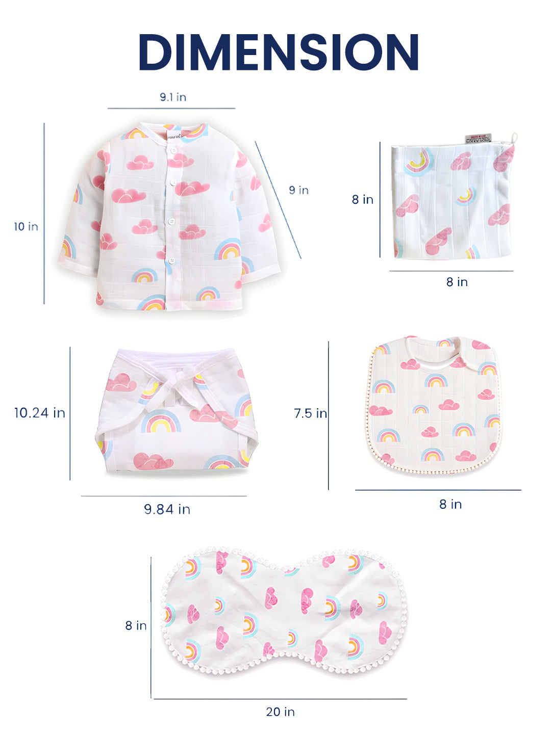 Polka Tots Newborn Pack of 6 100% Soft Double-Layer Muslin Cotton Essentials Gift Box - Rainbow Mist Print