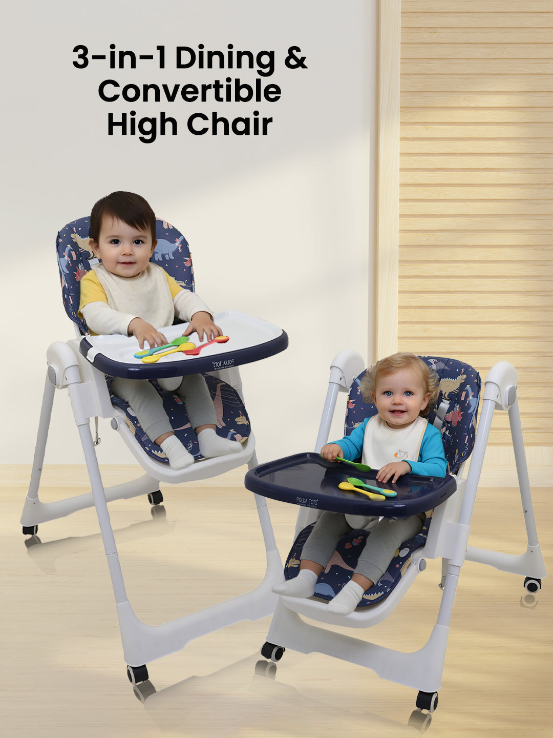 3-in-1 dining & convertible high chair with two children using it.