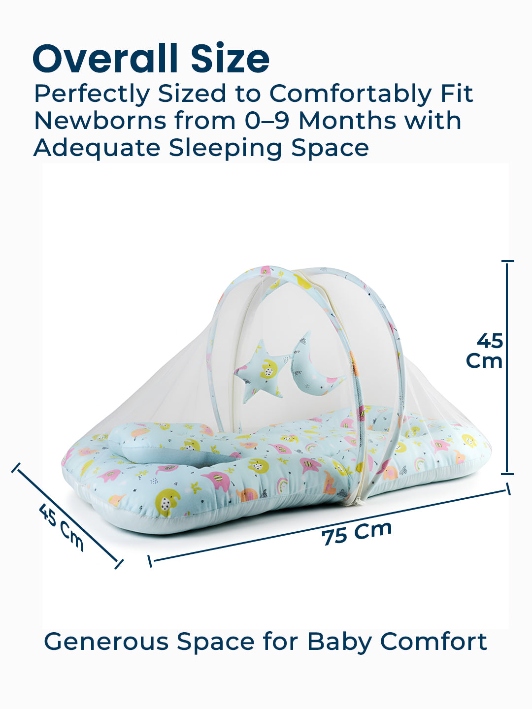 Baby crib with floral design and measurements on a white background