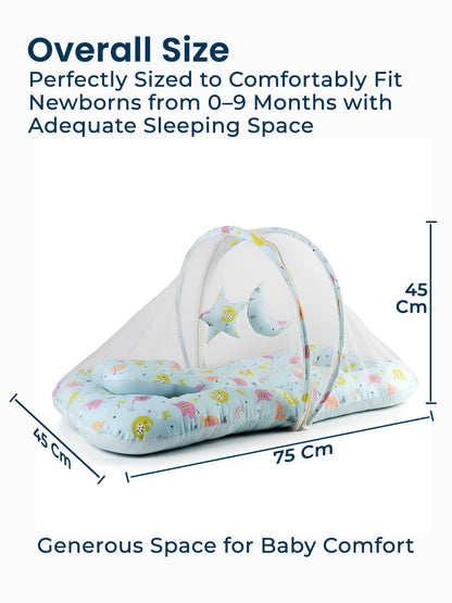 Baby crib with floral design and measurements on a white background