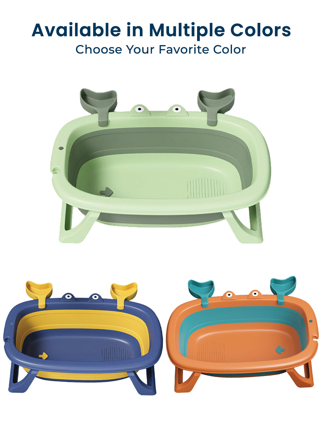 Three colorful baby bathtubs with frog design on a white background