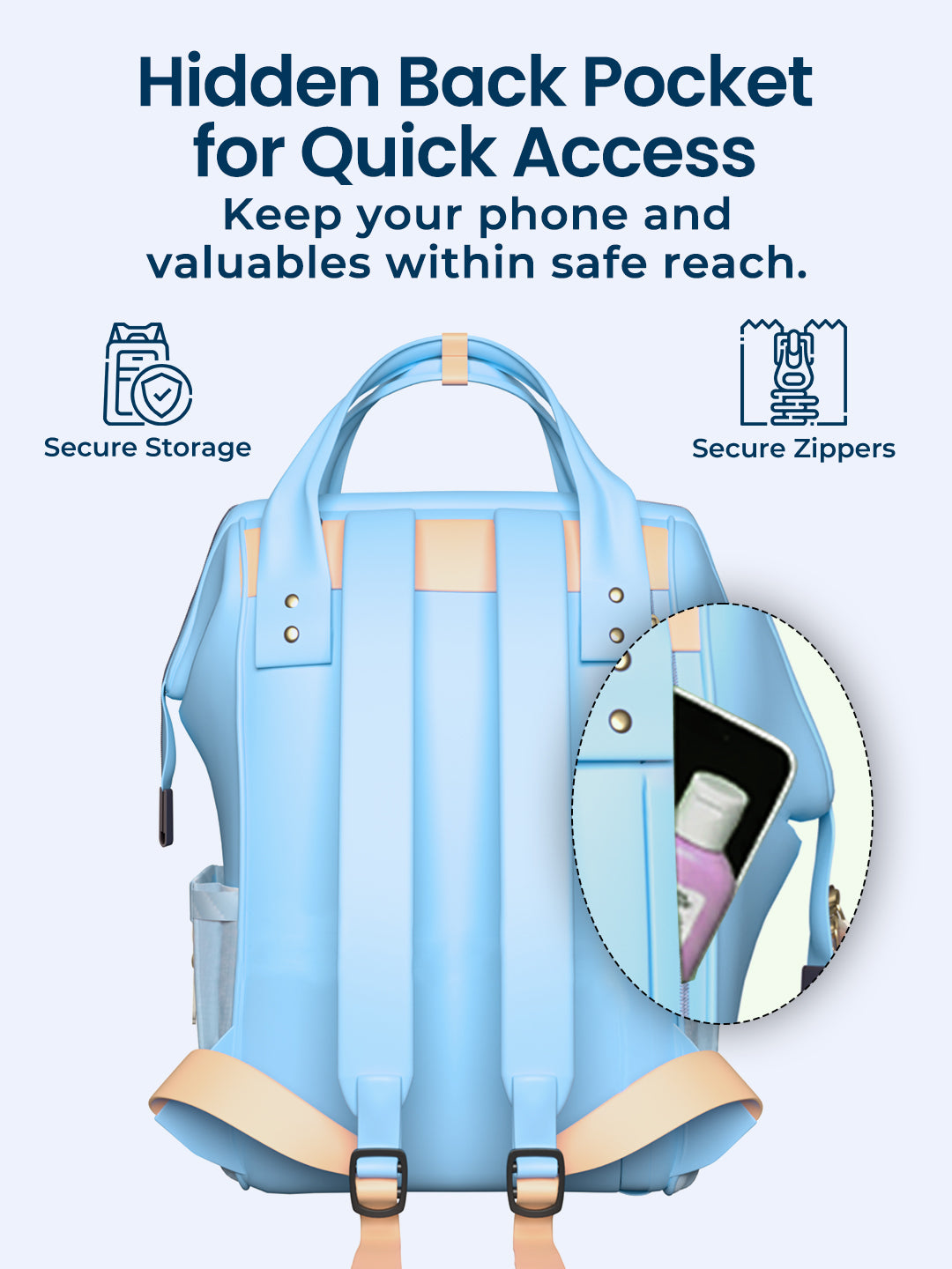 Blue backpack with a hidden back pocket for quick access, featuring secure storage and zippers.