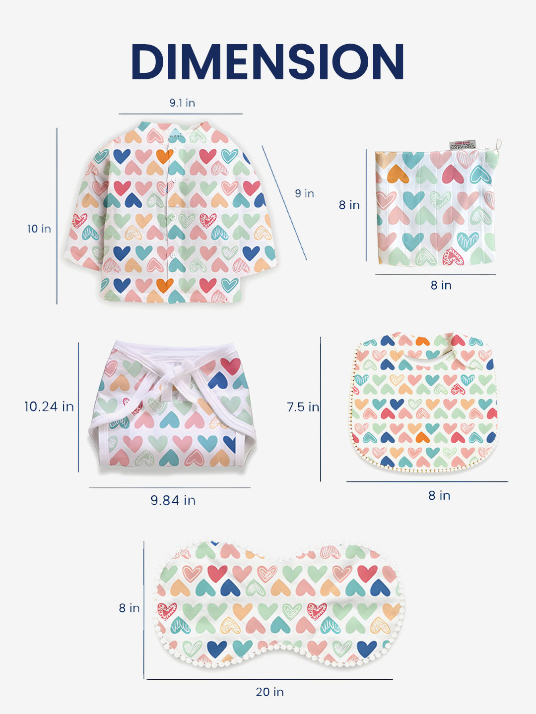 Polka Tots Newborn Pack of 6 100% Soft Double-Layer Muslin Cotton Essentials Gift Box - Mini Hearts Print