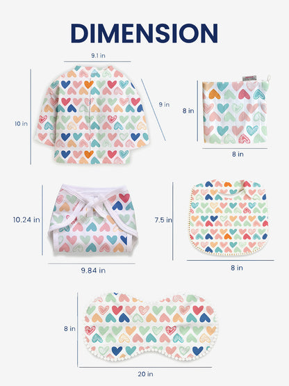 Polka Tots Newborn Pack of 6 100% Soft Double-Layer Muslin Cotton Essentials Gift Box - Mini Hearts Print