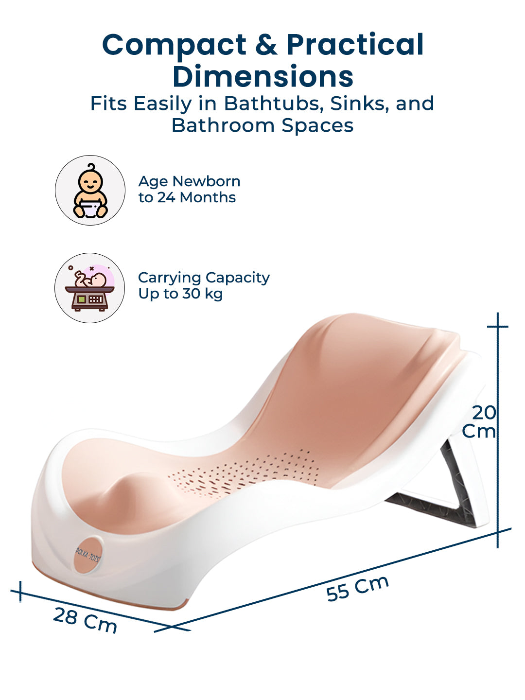 Baby bath seat with dimensions and features on a white background