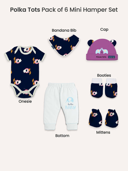 Polka Tots Pack of 6 Elephant Print Mini Newborn Gift Hamper Set - Navy