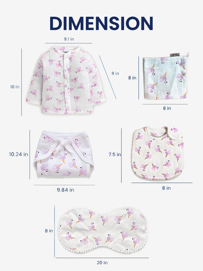 Polka Tots Newborn Pack of 6 100% Soft Double-Layer Muslin Cotton Essentials Gift Box - Flamingo Fingers Print