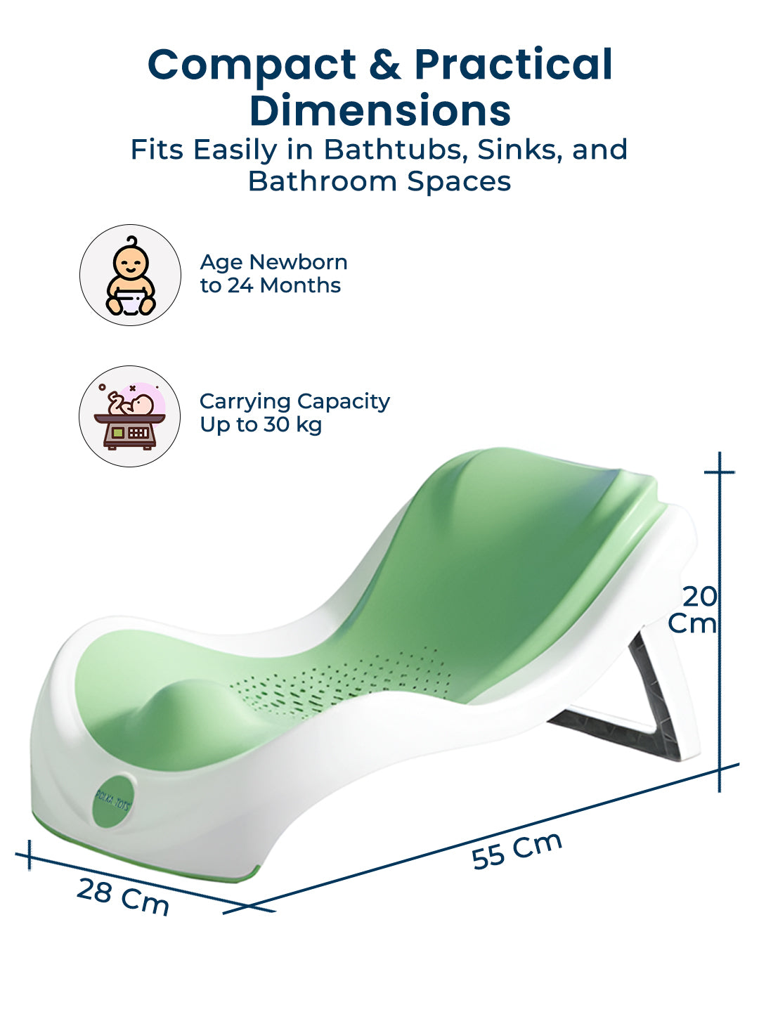 Green and white baby bath seat with dimensions and features on a white background
