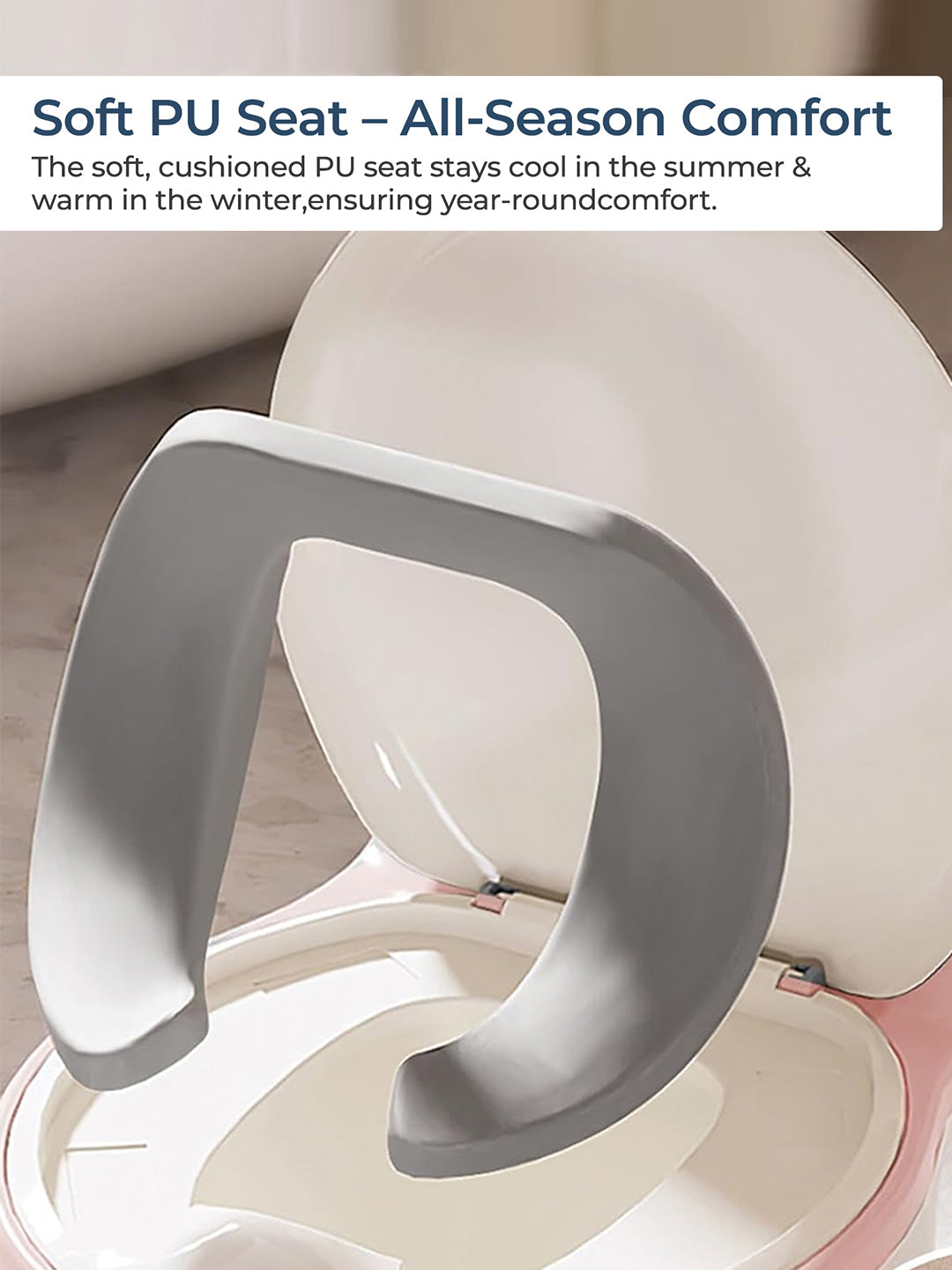 White and gray cushioned seat with text about all-season comfort