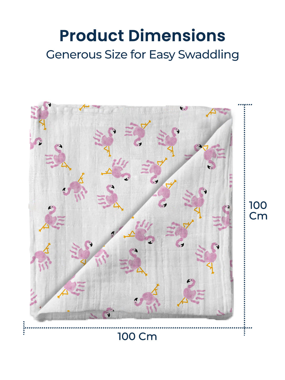 Baby blanket with flamingo pattern and dimensions on a white background