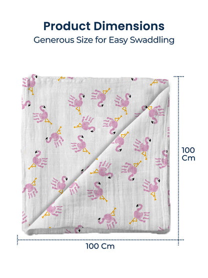 Baby blanket with flamingo pattern and dimensions on a white background