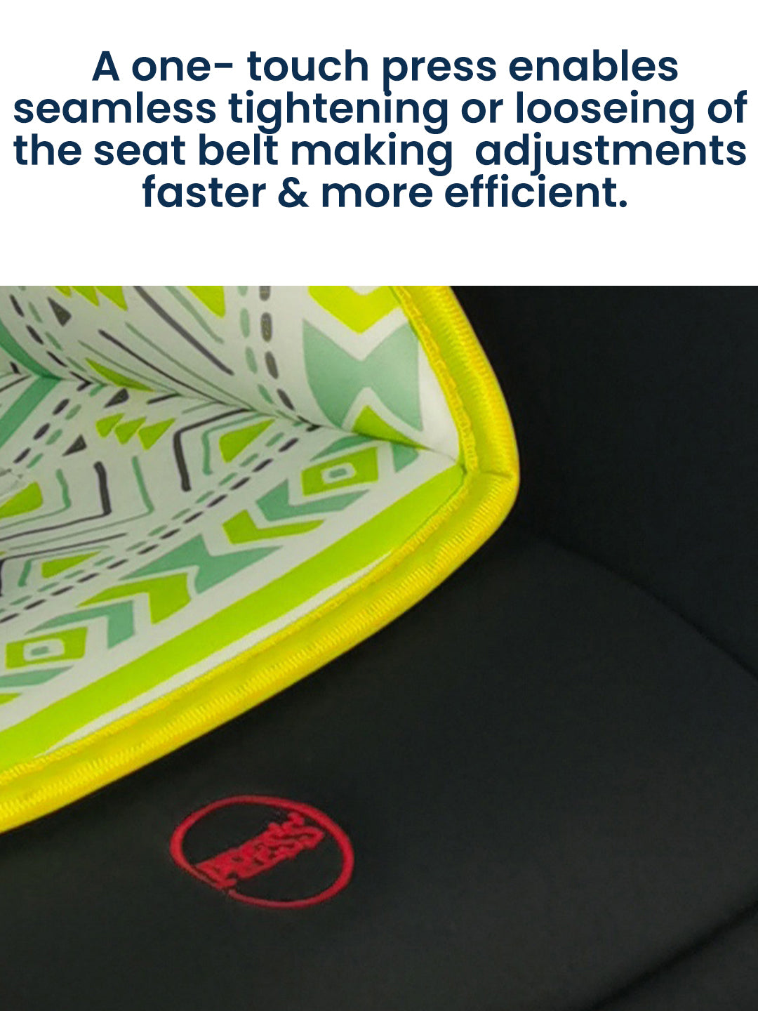 Close-up of a seat belt with a one-touch adjustment feature on a car seat, featuring a brand logo.