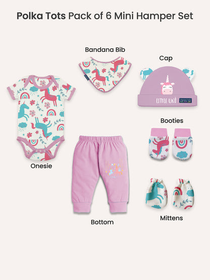 Polka Tots Pack of 6 Unicorn Print Mini Newborn Gift Hamper Set - Lavender