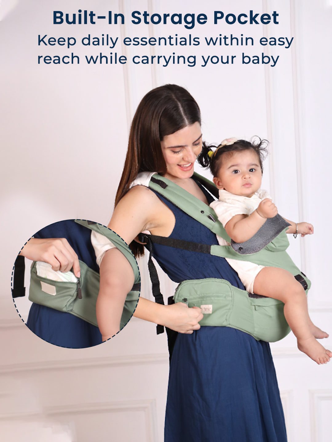 Polka Tots 6-in-1 Hip Seat Baby Carrier with Airbag, Extra Cushioning for C-Section Moms, Waist Belt up to 47 Inches with Lumbar Support (Green)