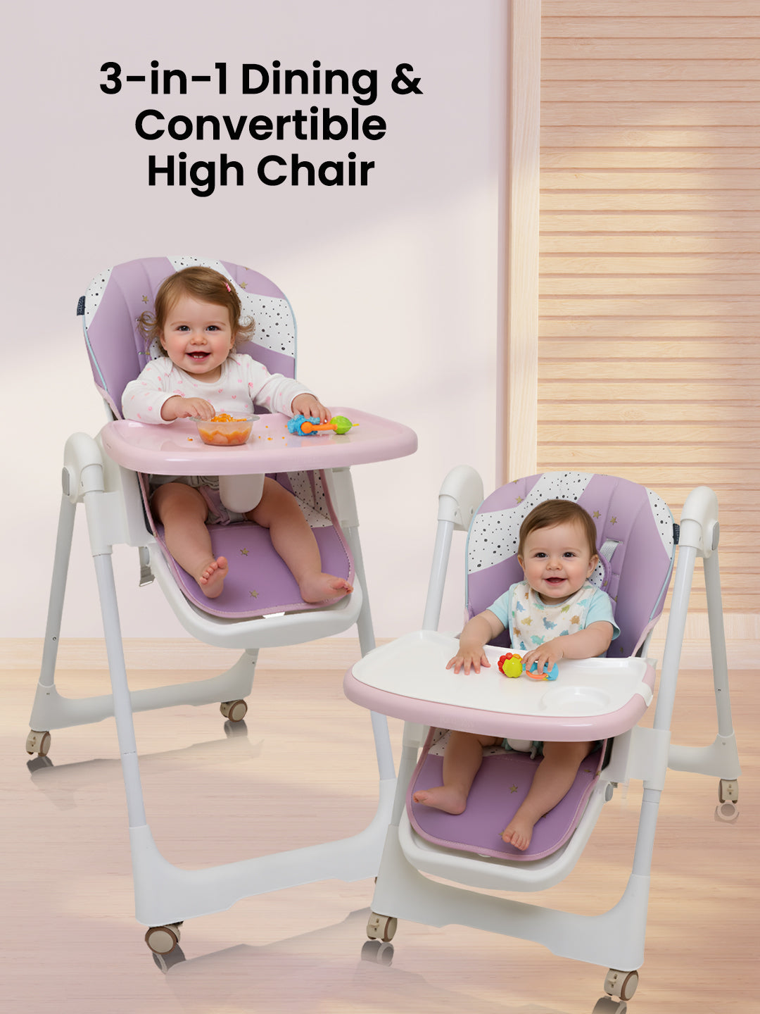 3-in-1 dining & convertible high chair with a baby sitting in it, on a light wooden floor.