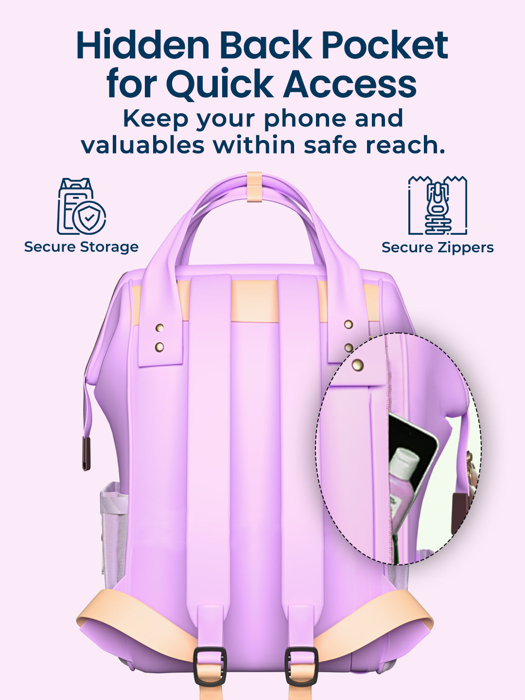 Purple backpack with a hidden back pocket feature, showing a close-up of the pocket.