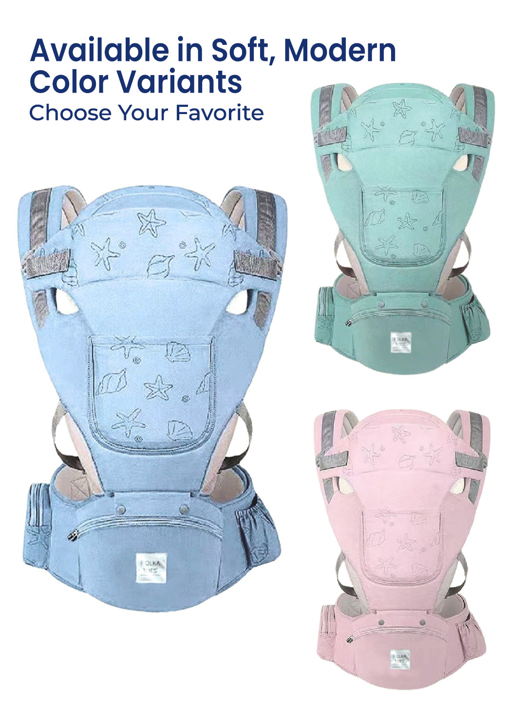 Three baby carriers in blue, green, and pink with text about color variants.