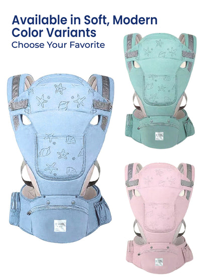 Three baby carriers in blue, green, and pink with text about color variants.