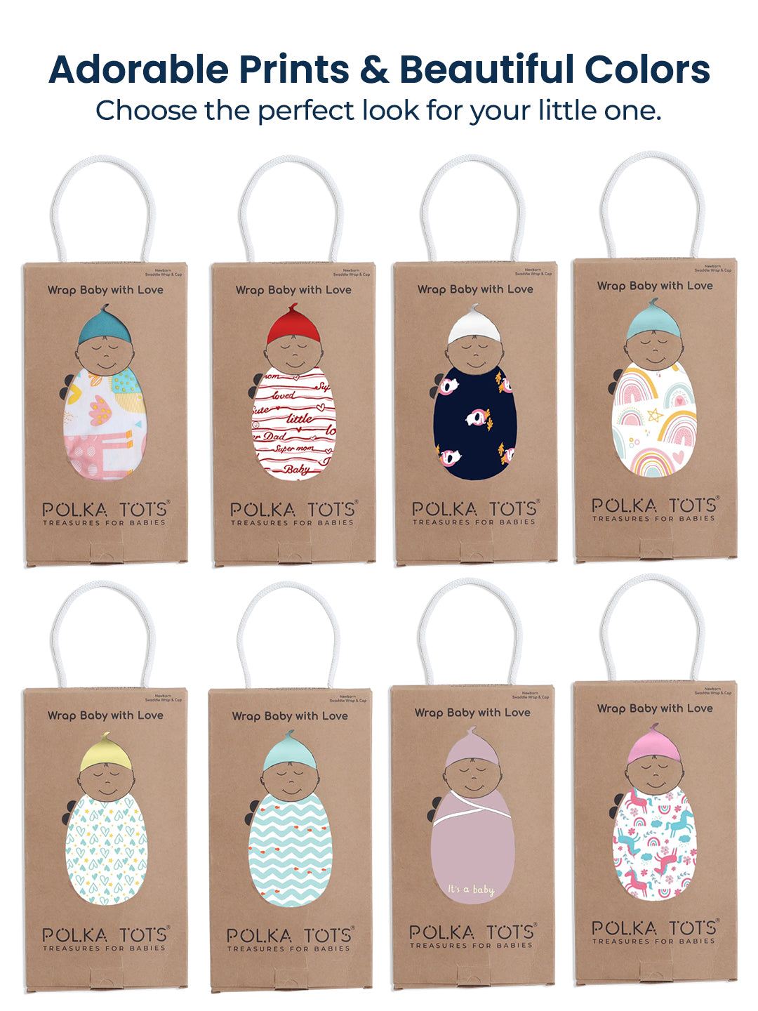 Set of Polka Tots baby wrap packaging with various designs and colors.