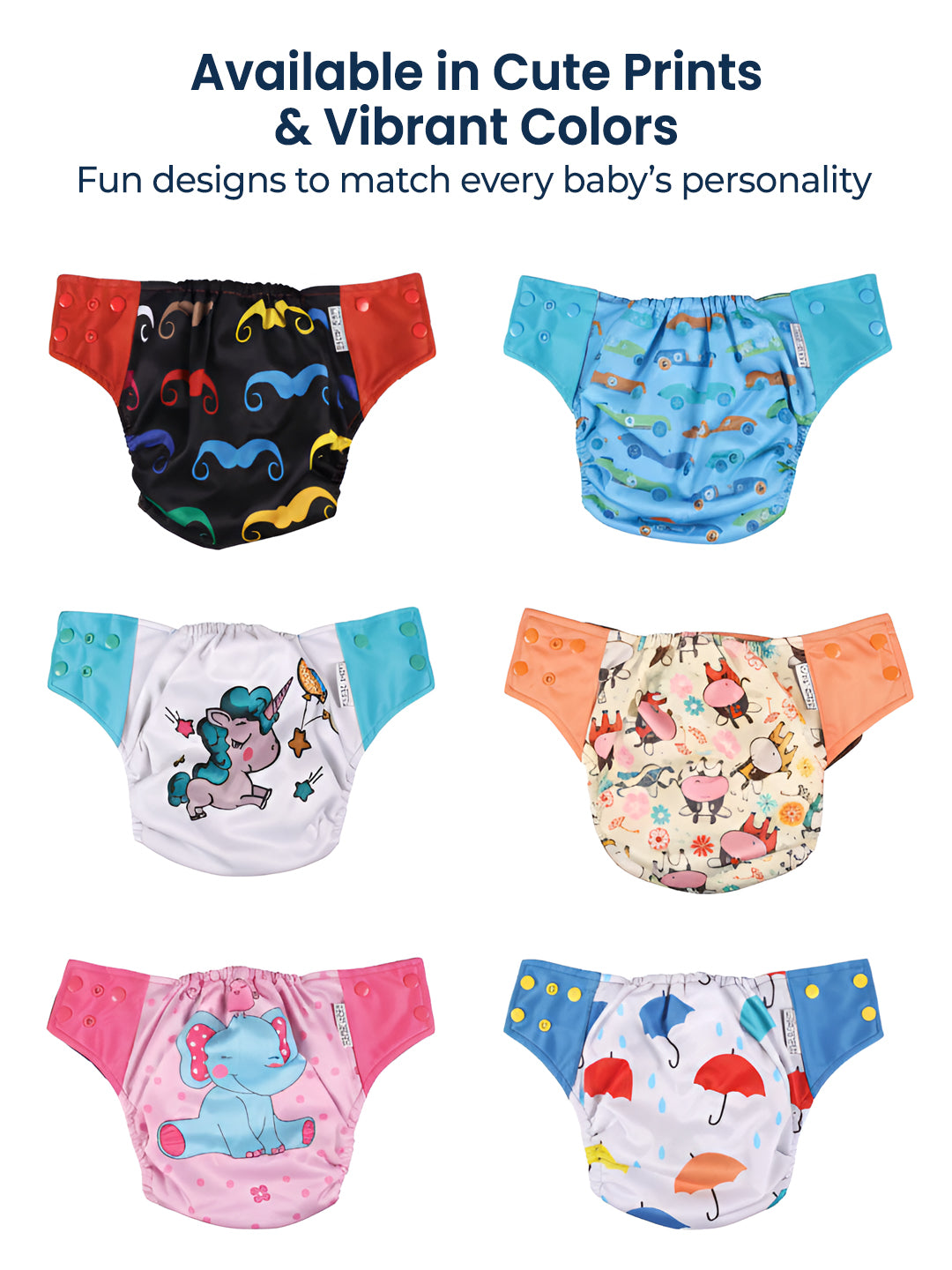 Colorful baby diapers with various prints on a white background