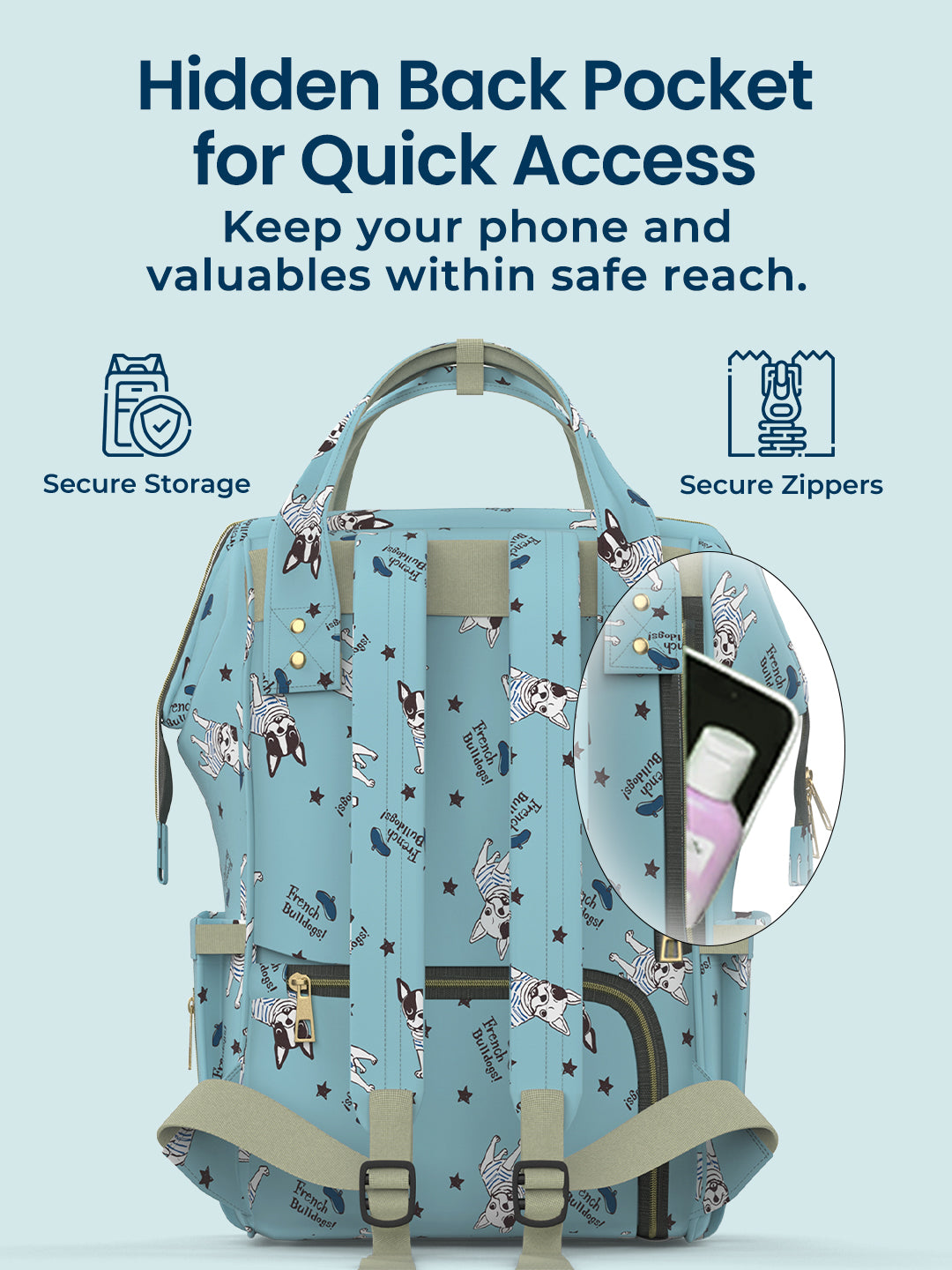 Backpack with a hidden back pocket feature on a light blue background