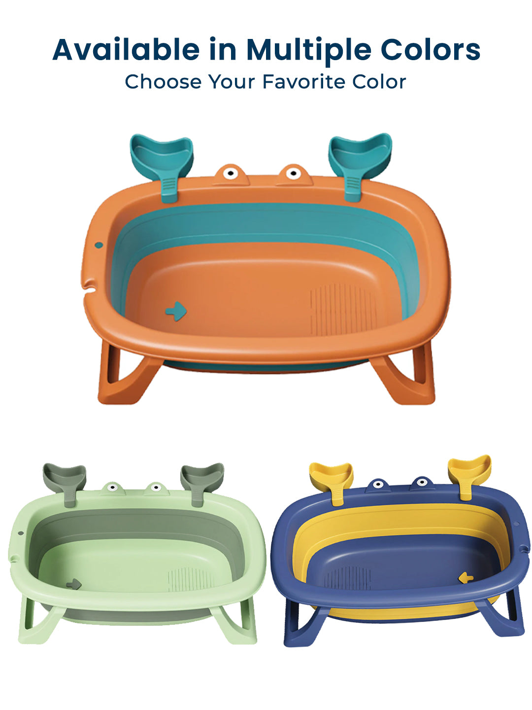 Set of three colorful folding bathtubs with whale-like handles on a white background.