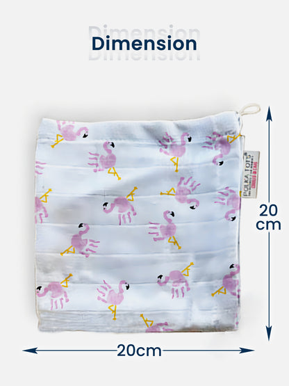 Reusable bag with flamingo pattern and dimensions labeled on a white background