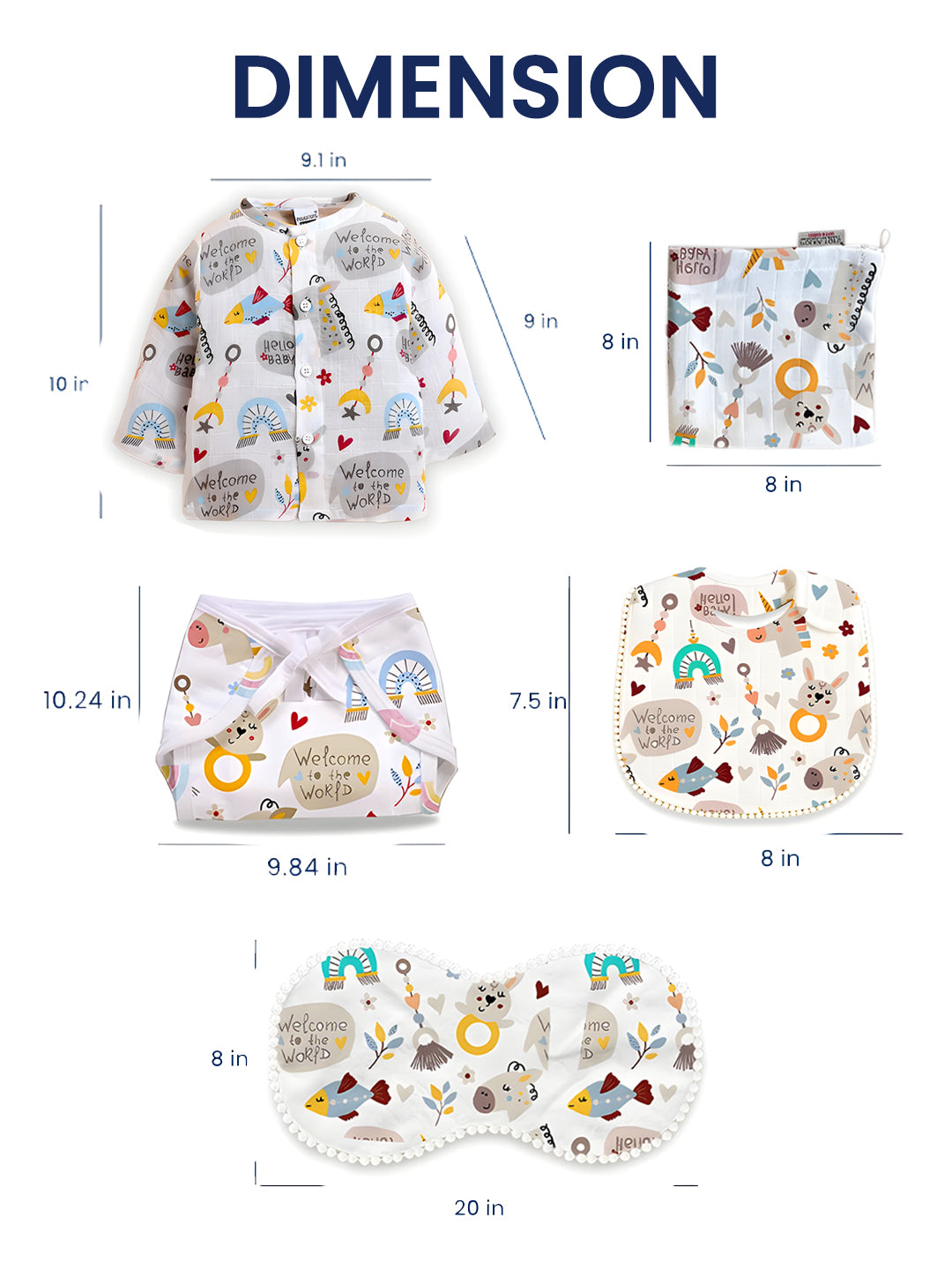 Polka Tots Newborn Pack of 6 100% Soft Double-Layer Muslin Cotton Essentials Gift Box - Hello Baby Print