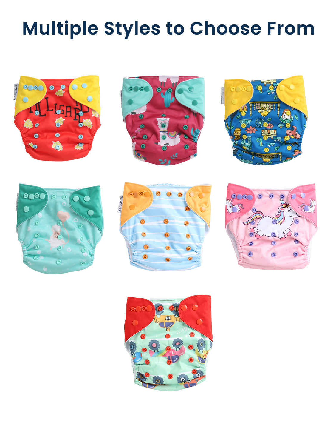 Assorted colorful baby diapers with various patterns on a white background